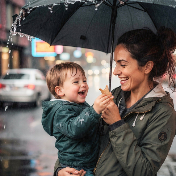 AI-generated: A smiling mother is holding a little boy under an umbrella as they stand in a rainy urban area with cars in the background. The boy is holding a cookie.
