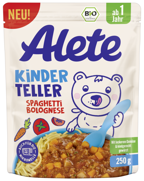 Packung Alete Kinder Teller Spaghetti Bolognese, geeignet für Kinder ab 1 Jahr, mit Gemüse und kindgerechter Würzung.
