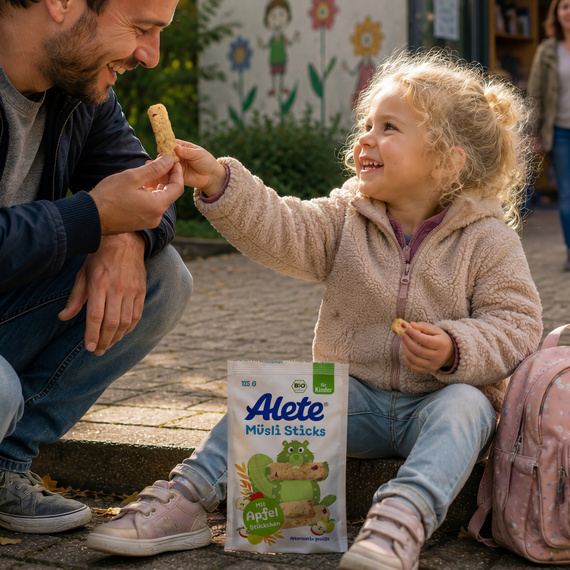 Vater und Tochter teilen sich einen Alete Müsli Stick, während sie in einer gemütlichen Umgebung mit Blumen und Kita_Kindern im Hintergrund sitzen. Die Tochter lächelt glücklich.