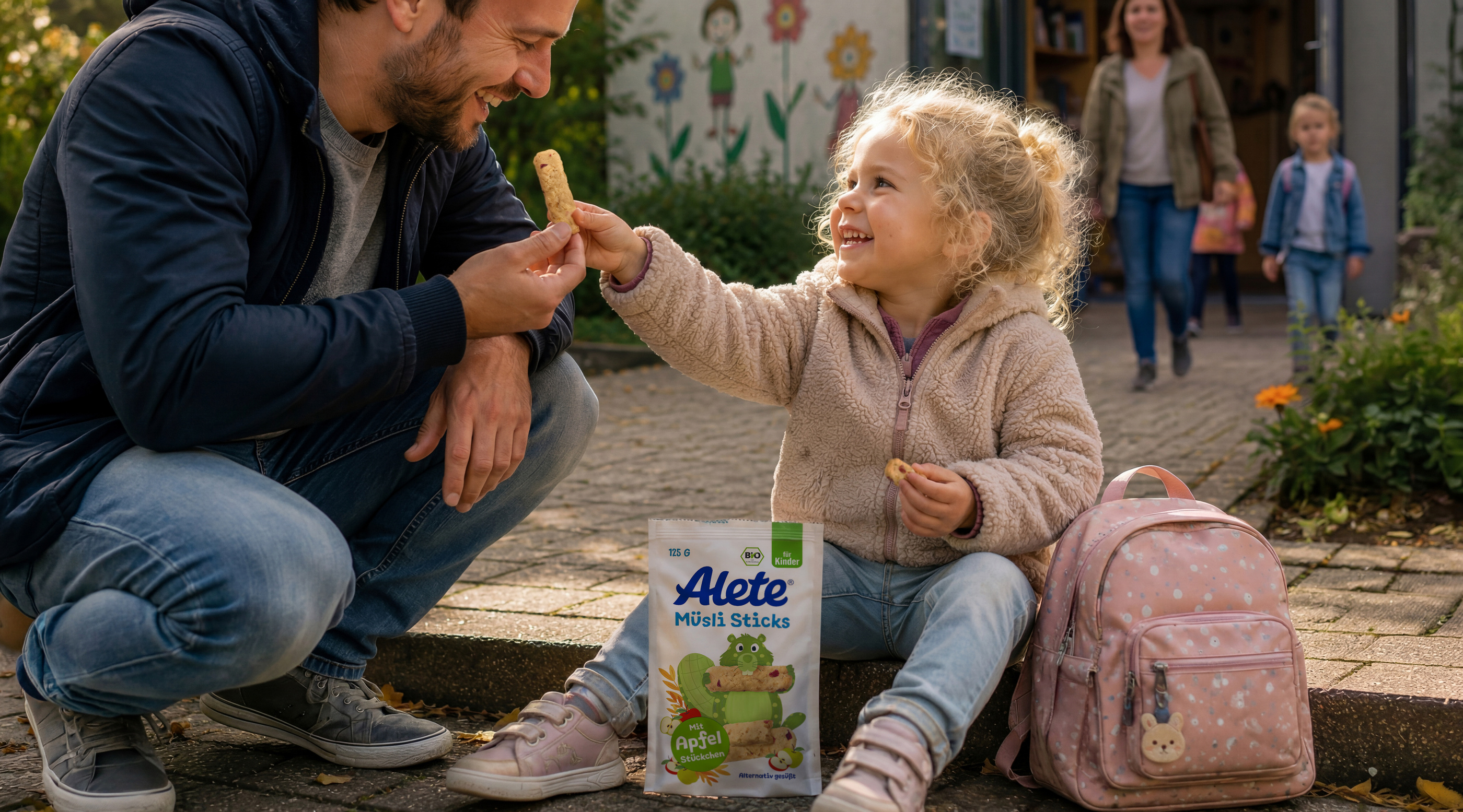 Vater und Tochter teilen sich einen Alete Müsli Stick, während sie in einer gemütlichen Umgebung mit Blumen und Kita_Kindern im Hintergrund sitzen. Die Tochter lächelt glücklich.