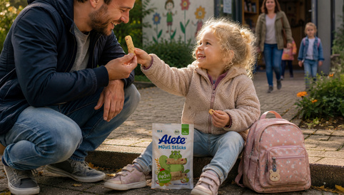 Vater und Tochter teilen sich einen Alete Müsli Stick, während sie in einer gemütlichen Umgebung mit Blumen und Kita_Kindern im Hintergrund sitzen. Die Tochter lächelt glücklich.