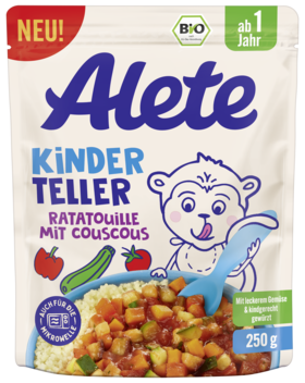 Bio-Kindergericht von Alete, Kinderteller Ratatouille mit Couscous in einer blauen Schüssel, geeignet für Kleinkinder ab 1 Jahr.