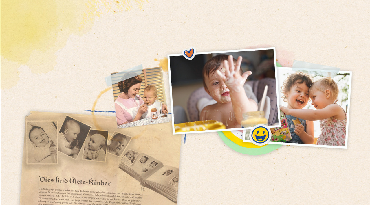 Nostalgische Collage mit Fotos von Kleinkindern beim Essen, Spielen und Lachen, umgeben von einer alten Buchseite über Alete-Kinder.