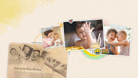 Nostalgische Collage mit Fotos von Kleinkindern beim Essen, Spielen und Lachen, umgeben von einer alten Buchseite über Alete-Kinder.