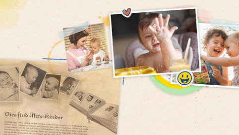 Nostalgische Collage mit Fotos von Kleinkindern beim Essen, Spielen und Lachen, umgeben von einer alten Buchseite über Alete-Kinder.