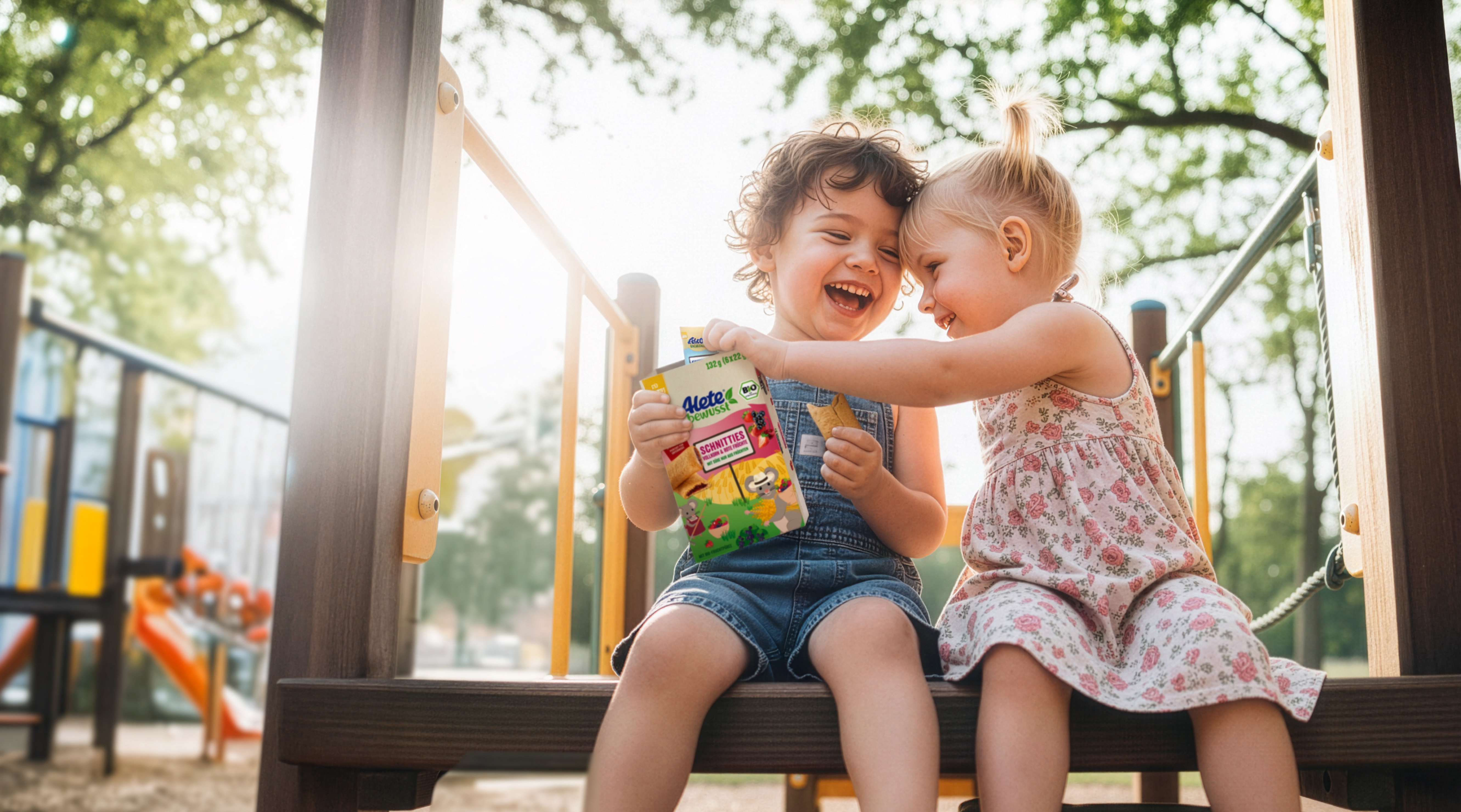 Zwei fröhliche Kinder auf einem Spielplatz teilen eine Packung Alete Schnitties, während die Sonne durch die Bäume scheint.