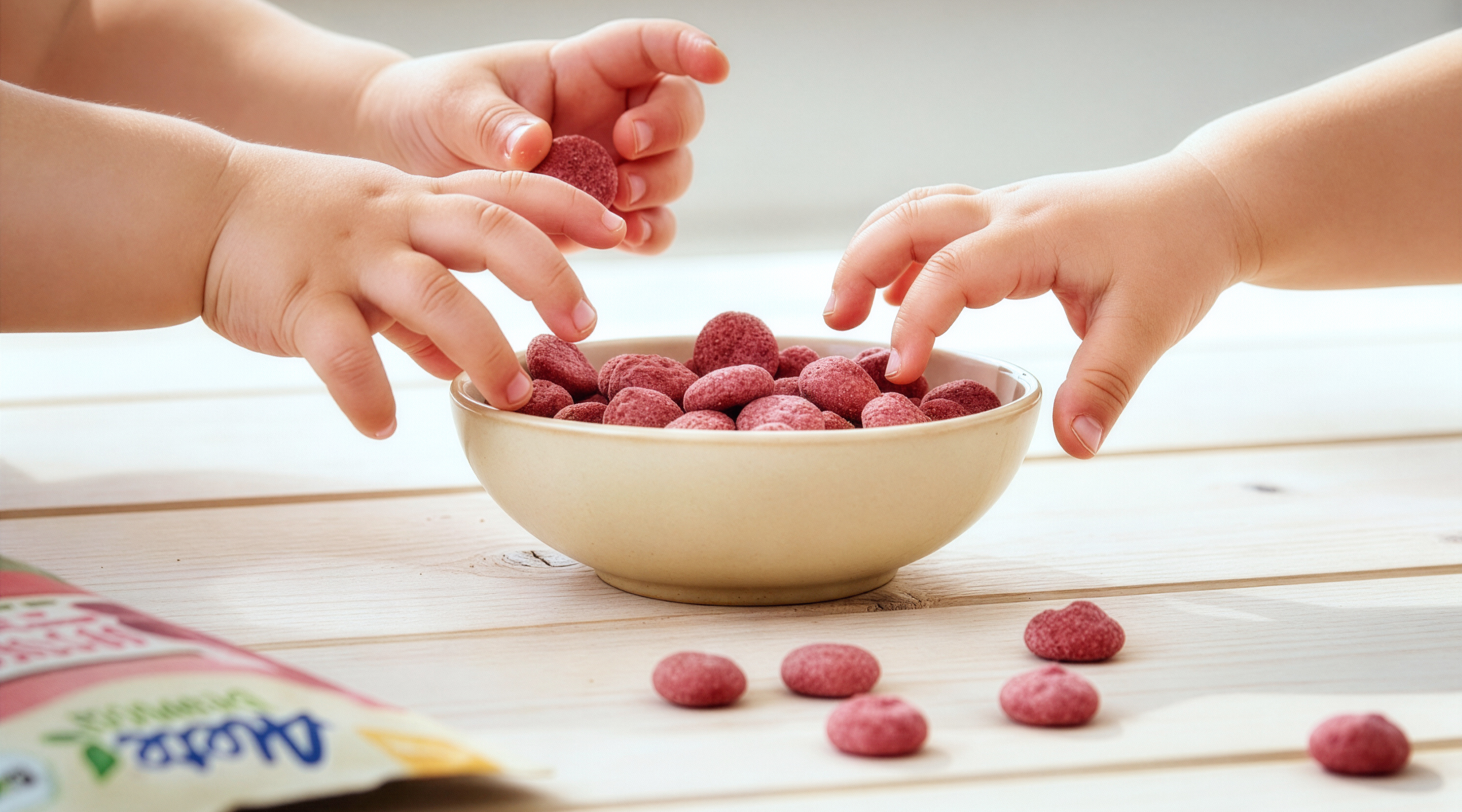 Zwei kleine Hände greifen nach roten Alete Obsties in einer Schüssel auf einem Holztisch.