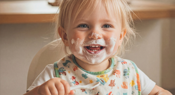 Lachendes Kind mit Joghurt im Gesicht sitzt im Hochstuhl und hält einen Löffel in der Hand, vor ihm steht eine leere Schüssel.