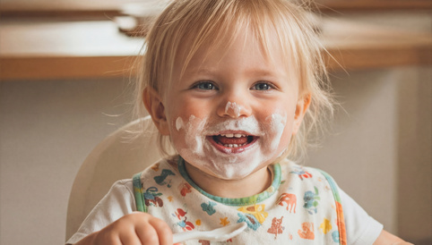 Lachendes Kind mit Joghurt im Gesicht sitzt im Hochstuhl und hält einen Löffel in der Hand, vor ihm steht eine leere Schüssel.