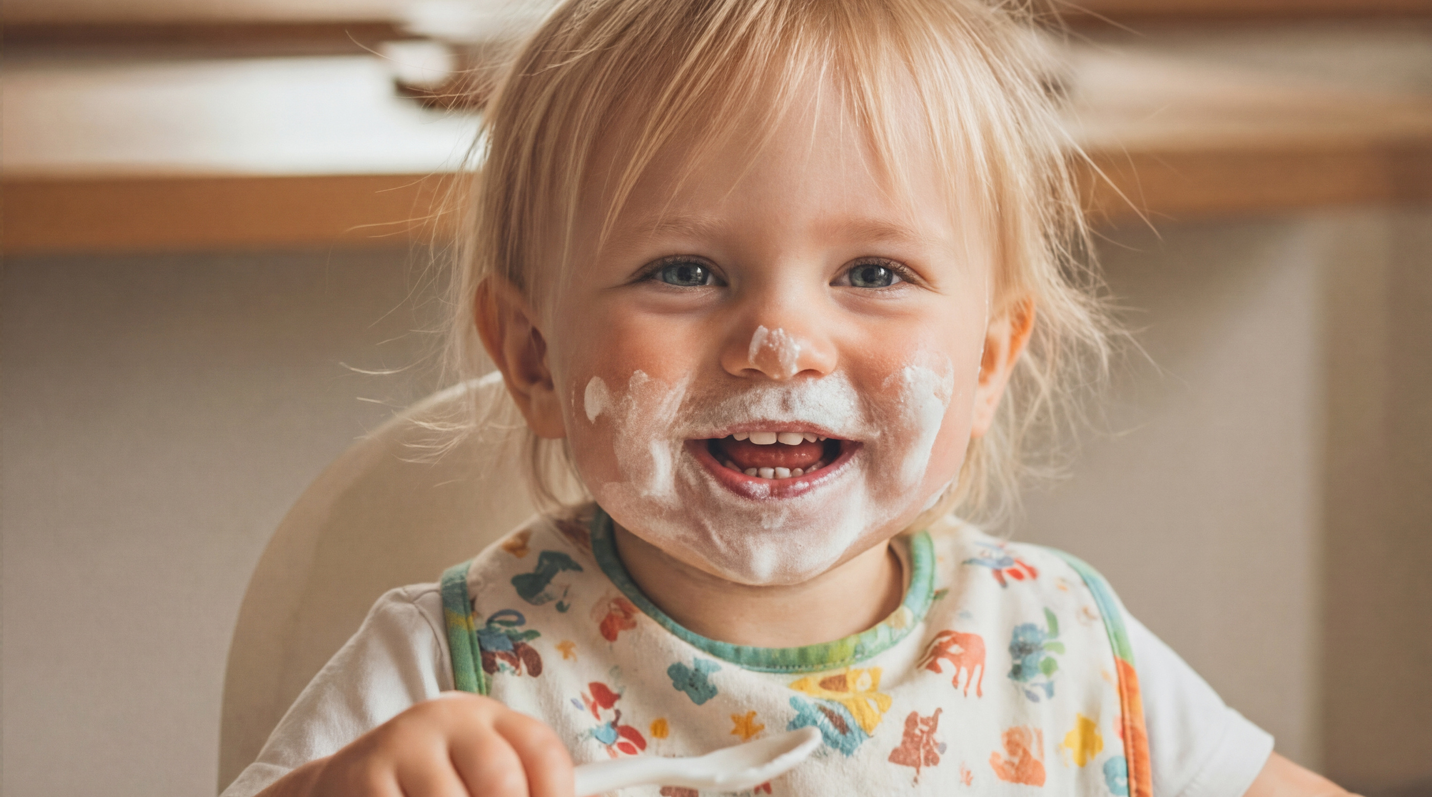 Lachendes Kind mit Joghurt im Gesicht sitzt im Hochstuhl und hält einen Löffel in der Hand, vor ihm steht eine leere Schüssel.