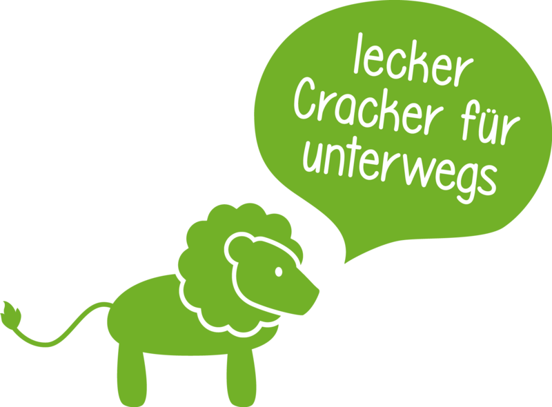 Grüner Löwe mit Sprechblase, die „leckere Cracker für unterwegs“ verkündet.