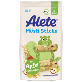Alete Müsli Stick Packung mit Apfelstückchen, geeignet für Kinder, BIO-Produkt, mit bunter Tierillustration.