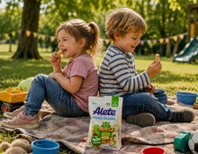 AI-generated Bild: Zwei Kinder sitzen auf einer Decke im Park und genießen Alete Müsli Sticks. Im Hintergrund sind Spielzeug und eine Rutsche sichtbar.