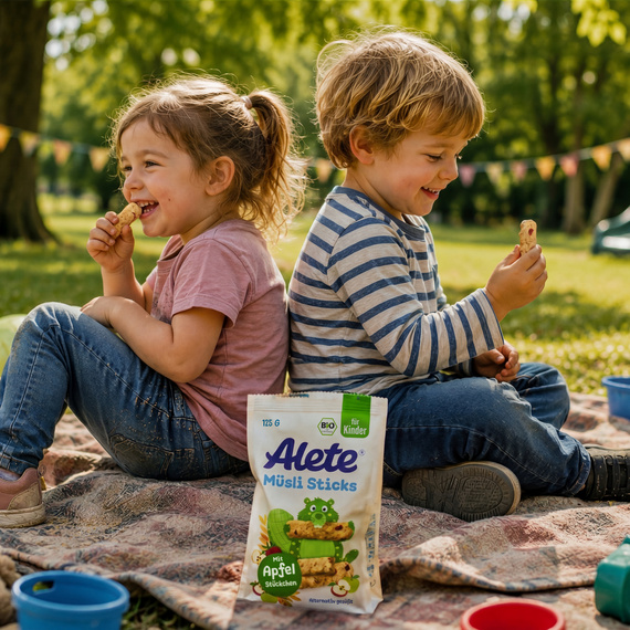 Zwei Kinder sitzen auf einer Decke im Park und genießen Alete Müsli Sticks. Im Hintergrund sind Spielzeug und eine Rutsche sichtbar.