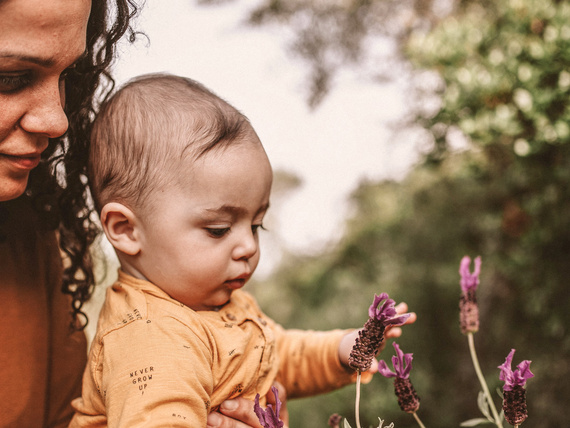 Mama und Baby erkunden gemeinsam Lavendelpflanzen im Freien. Das Baby greift nach den lila Blüten.
