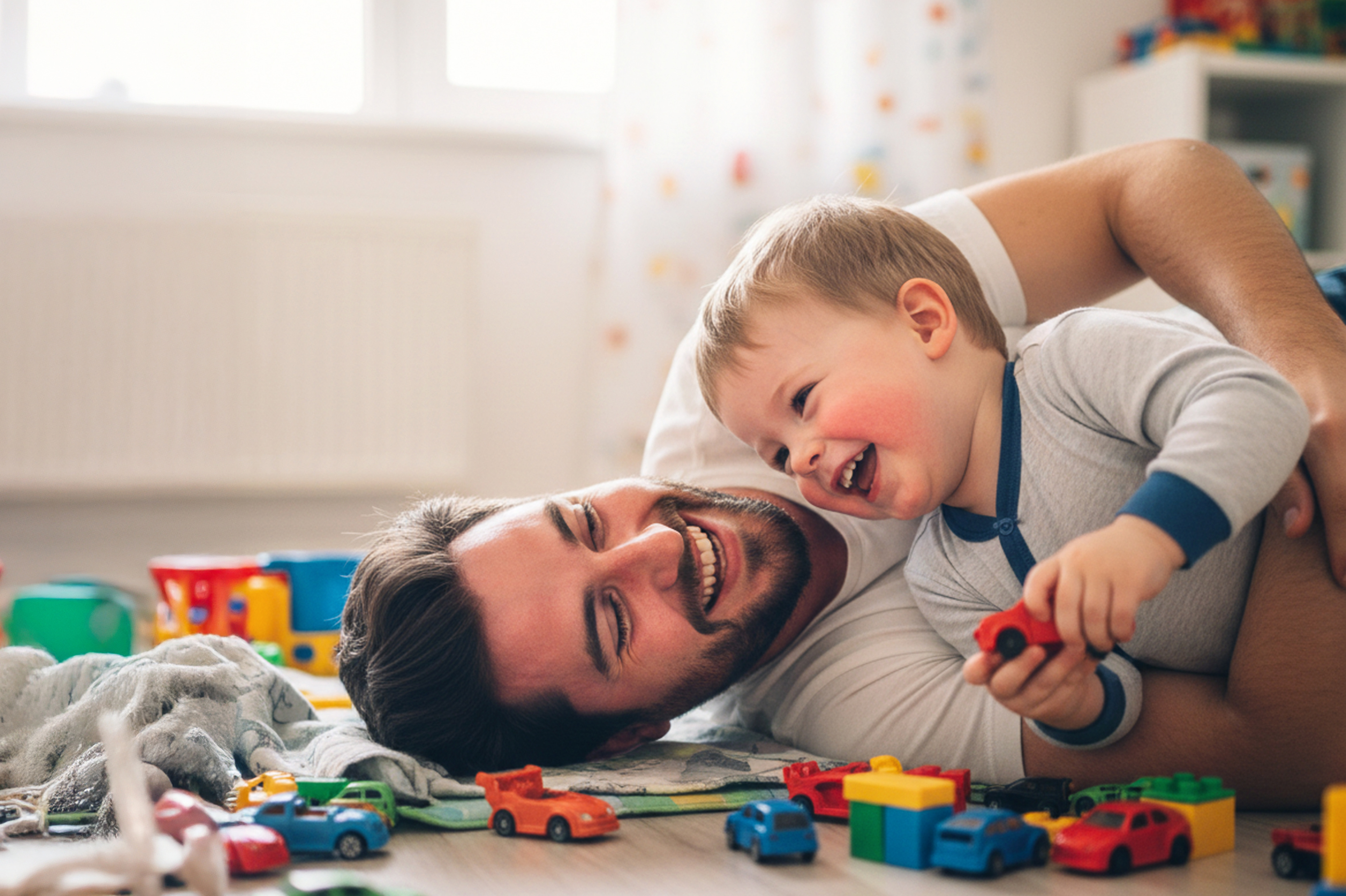 AI-generated Bild: Vater und Sohn spielen lachend auf dem Boden mit bunten Spielzeugautos und Bauklötzen in einem hellen, freundlichen Raum.