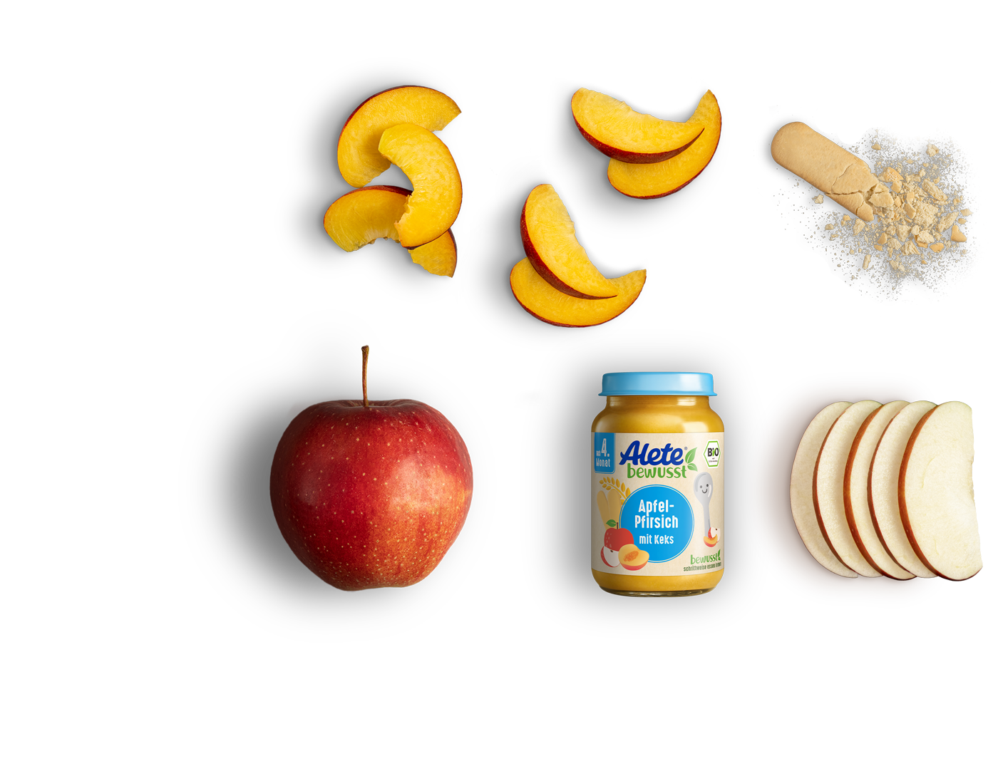 Alete bewusst Zusammensetzung Gläschen Fruch- und Getreidebrei Bio Apfel Pfirsich Keks