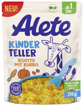 Packung von Alete Kinder Teller Risotto mit Kürbis, geeignet für Kinder ab einem Jahr, in einer blauen Schüssel mit einem Löffel.