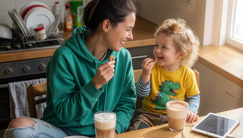 Mutter und Kind genießen gemeinsam einen fröhlichen Moment beim Frühstück, während sie Alete Kekse und Latte Macchiato teilen.