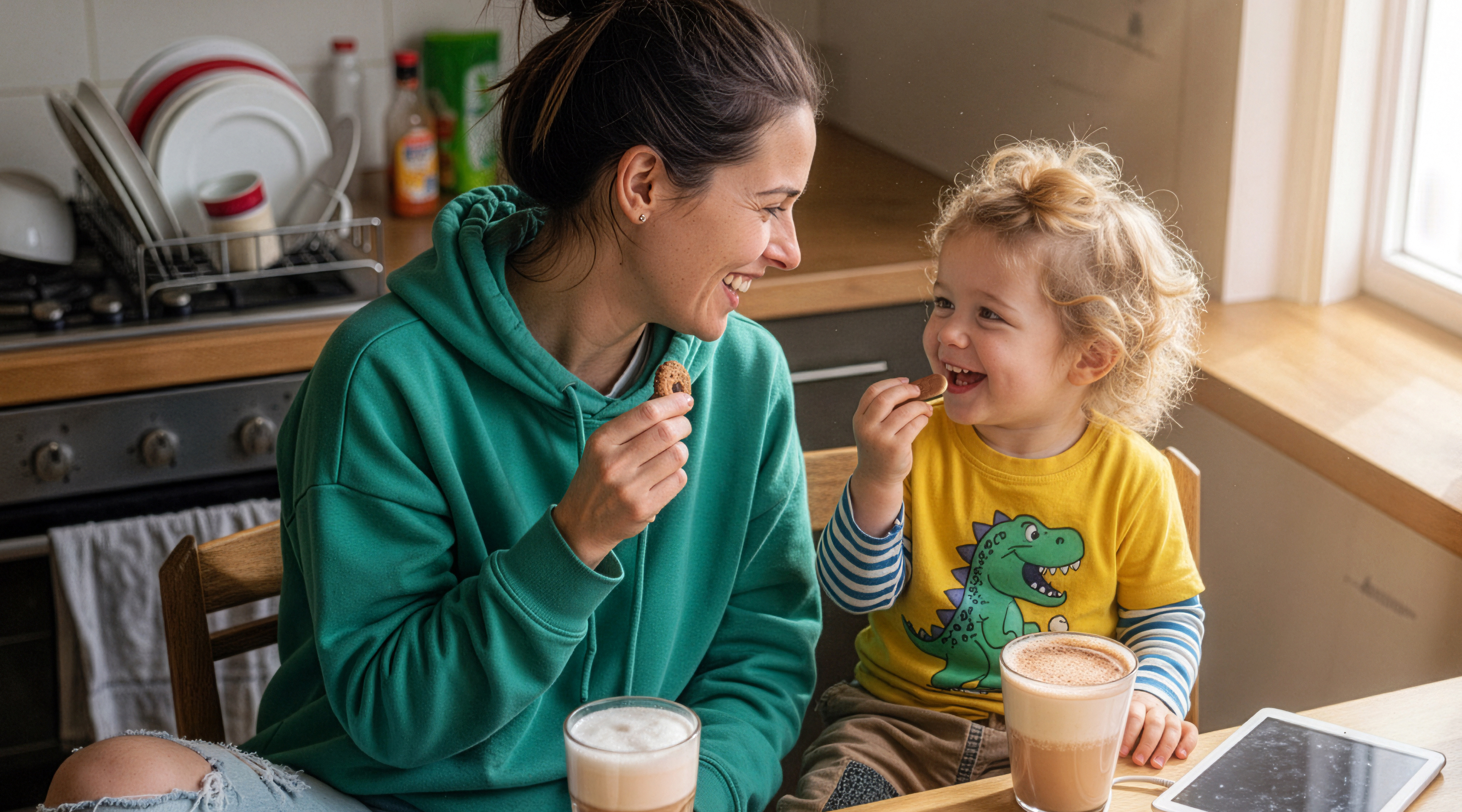 AI-generated Bild: Mutter und Kind genießen gemeinsam einen fröhlichen Moment beim Frühstück, während sie Alete Kekse und Latte Macchiato teilen.