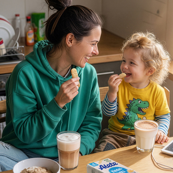 AI-generated Bild: Mutter und Kind genießen gemeinsam einen fröhlichen Moment beim Frühstück, während sie Alete Kekse und Latte Macchiato teilen.