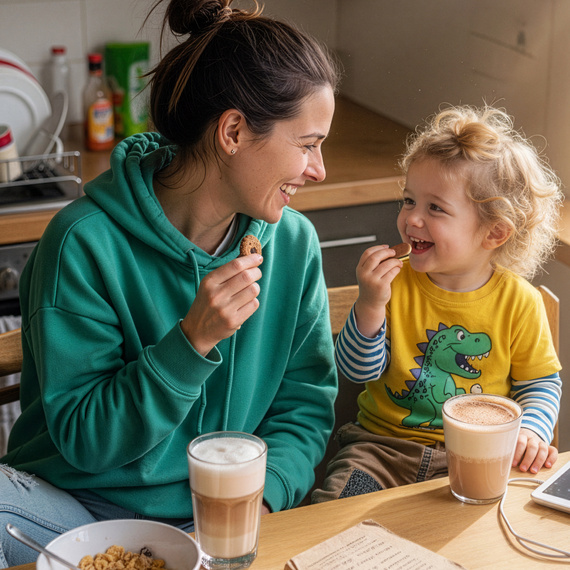 Mutter und Kind genießen gemeinsam einen fröhlichen Moment beim Frühstück, während sie Alete Kekse und Latte Macchiato teilen.