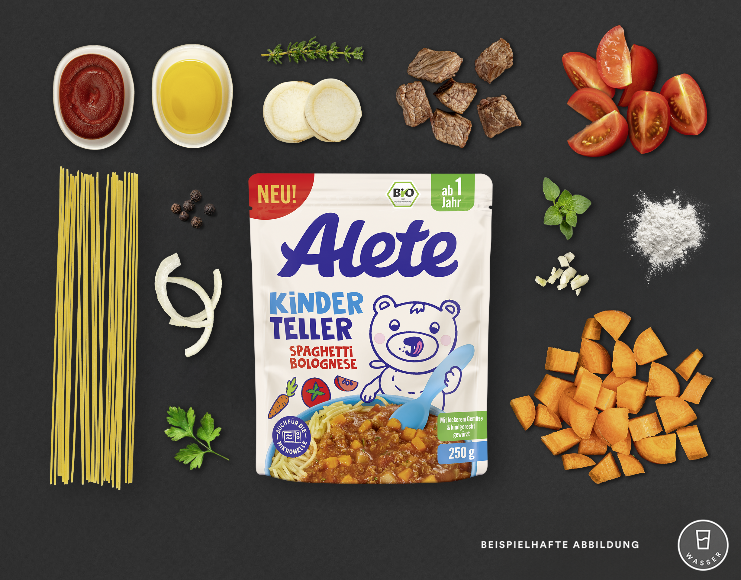 Zutaten für Alete Kinder Teller Spaghetti Bolognese: frische Tomaten, Spaghetti, Hackfleisch, Karotten, Zwiebeln, Kräuter und Gewürze.