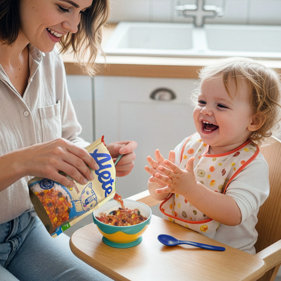 Fröhliche Mutter füllt eine Schüssel mit Alete Kinderteller, während ihr lachendes Kleinkind in einem Hochstuhl begeistert zuschaut.