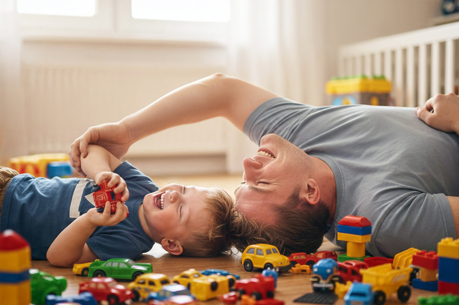 Vater und Sohn liegen lachend auf dem Boden, umgeben von bunten Spielzeugautos und Bauklötzen.