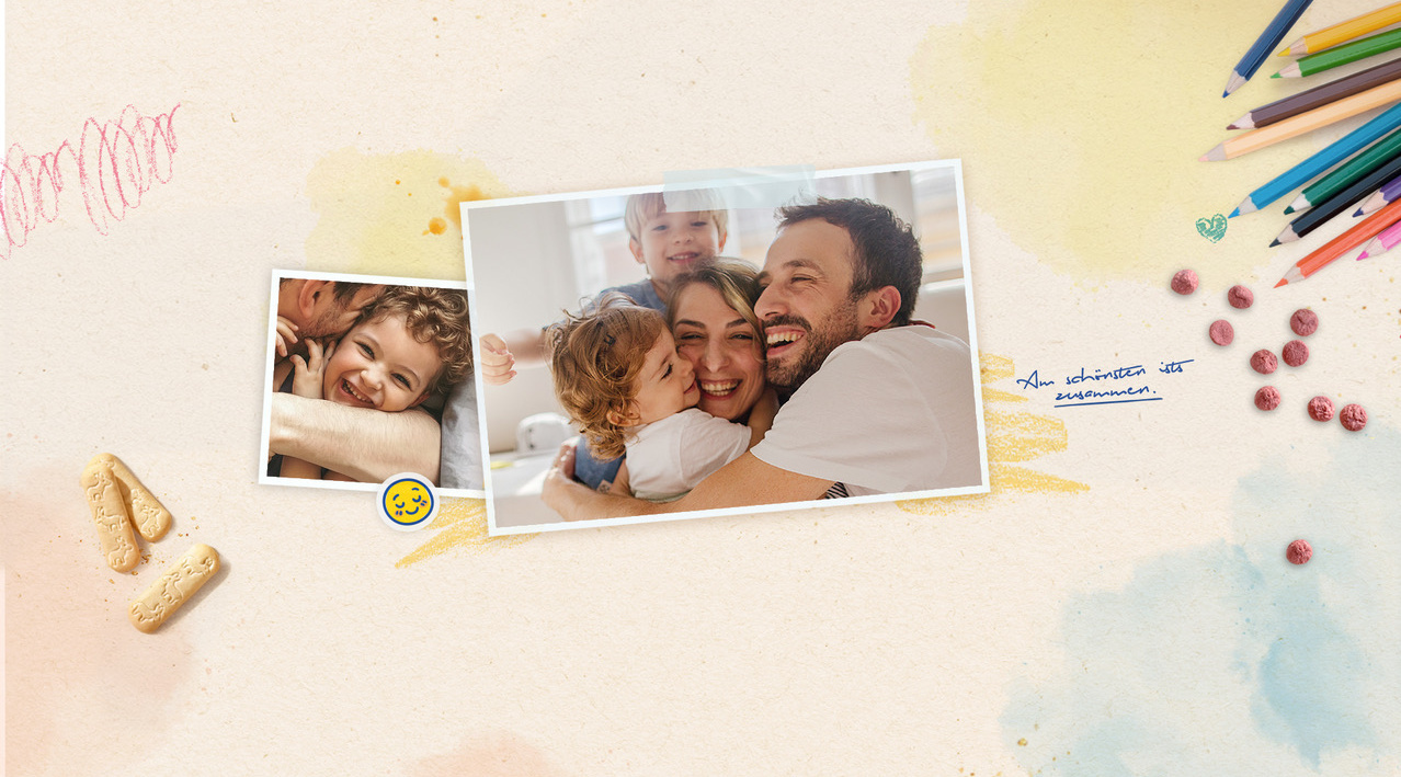 Familie umarmt sich glücklich, umgeben von bunten Buntstiften und Spielzeug, symbolisiert Herzlichkeit und Verbundenheit.