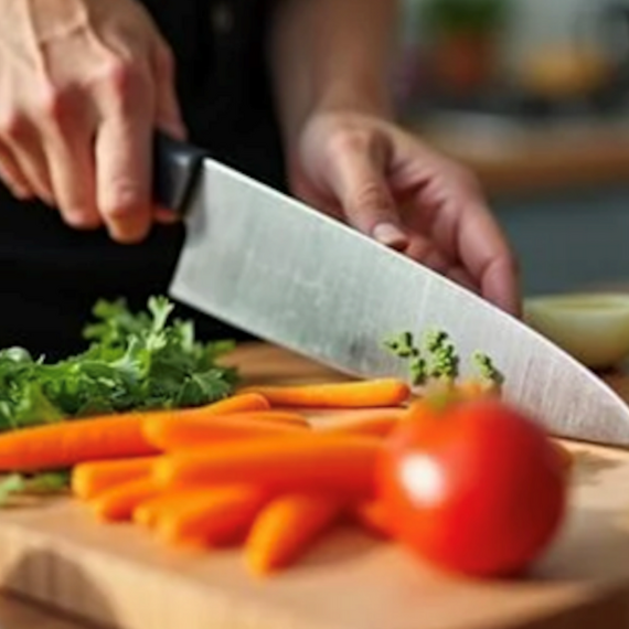 Frischer Schnitt von Karotten, Kräutern und Tomaten auf einem Holzschneidebrett. Ein Koch nutzt ein großes Küchenmesser.