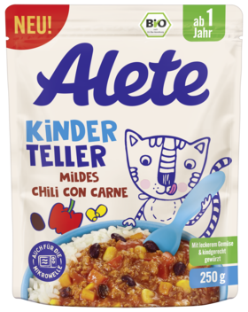 Verpackung von Alete Kinder Teller milde Chili con Carne, geeignet für Kinder ab 1 Jahr, mit Gemüse und Reis.