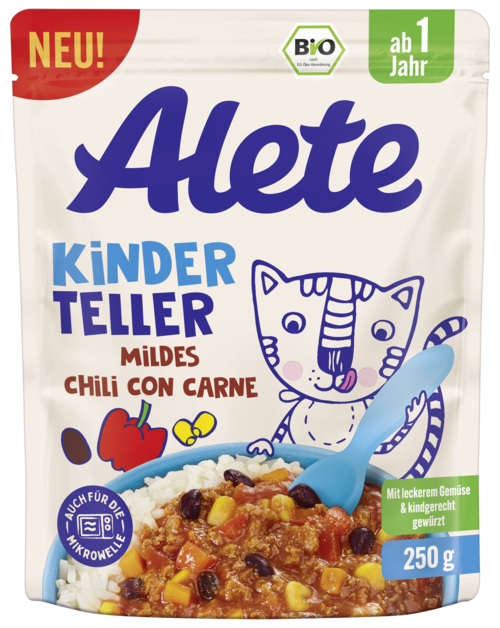 Verpackung von Alete Kinder Teller milde Chili con Carne, geeignet für Kinder ab 1 Jahr, mit Gemüse und Reis.