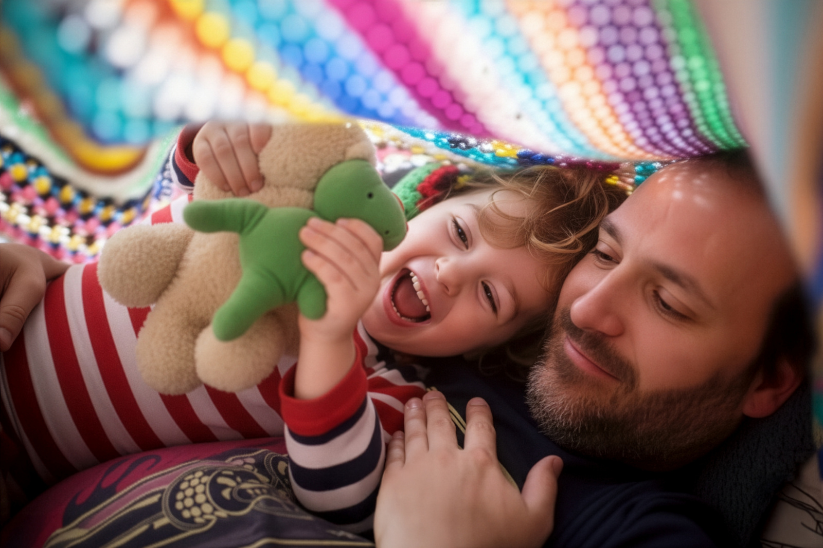 Ein fröhliches Kind mit einem grünen Plüschtier liegt unter einer bunten Decke und lacht mit einem Erwachsenen.