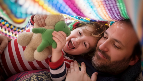 Ein fröhliches Kind mit einem grünen Plüschtier liegt unter einer bunten Decke und lacht mit einem Erwachsenen.