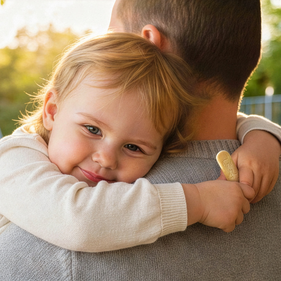 Kind umarmt liebevoll einen Erwachsenen im Spielplatz, mit Spielplatzschaukeln und grünem Hintergrund.