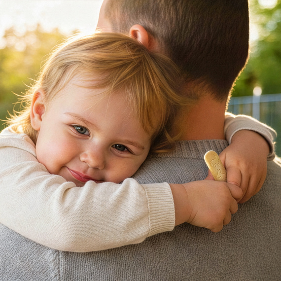 AI-generated: A small child with blond hair is hugging an adult on a playground; swings are visible in the background, and there is warm lighting.