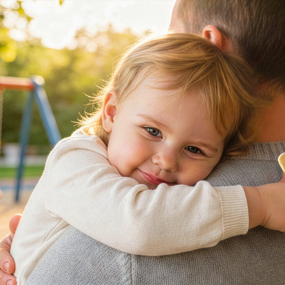 Kind umarmt liebevoll einen Erwachsenen im Spielplatz, mit Spielplatzschaukeln und grünem Hintergrund.