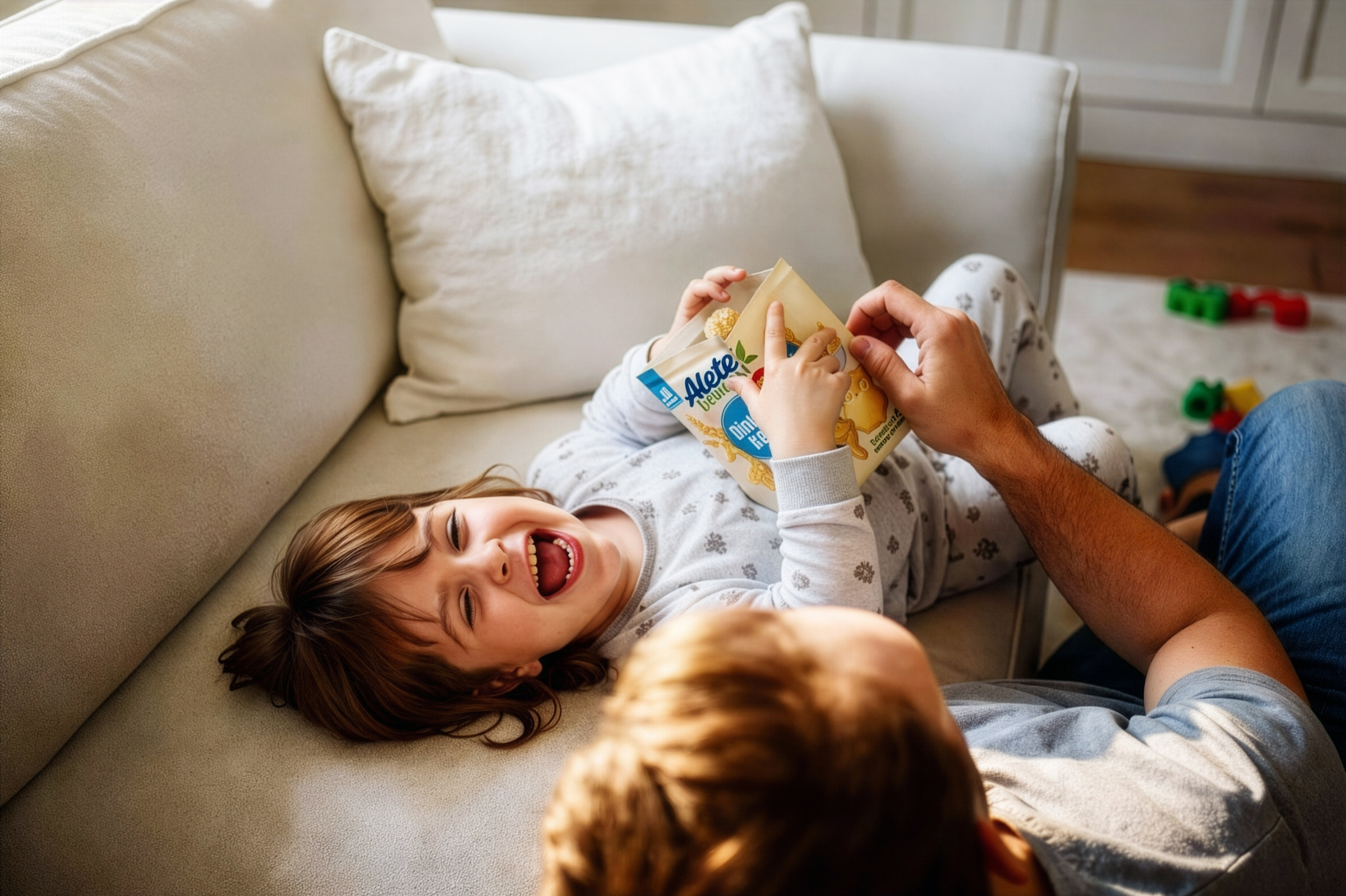 Lachendes Kind auf dem Sofa hält eine Packung Alete Dinkelkeks, während ein Erwachsener ihm hilft. Spielzeug liegt im Hintergrund.