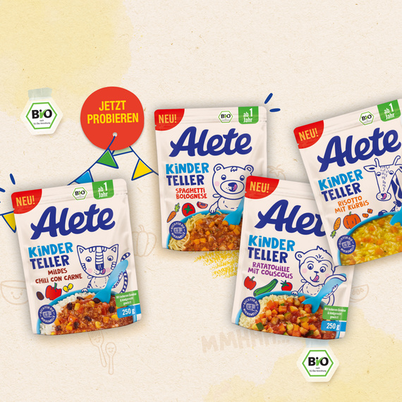 Alete Kinderteller Produkte in Bio-Qualität, mit verschiedenen Geschmacksrichtungen wie Spaghetti Bolognese und Ratatouille, dekoriert mit bunten Fahnen.