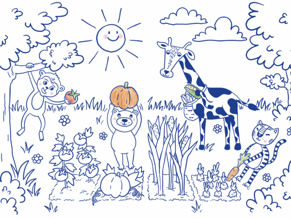 Bunte Cartoon-Szene eines freundlichen Gartens mit einem Affen, der eine Tomate hält, einem Bären mit einem Kürbis, einer Giraffe, die Mais trägt, und einem Tiger, der eine Karotte zieht.