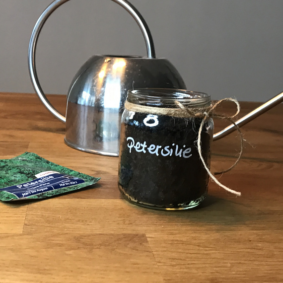 Gläserner Behälter mit Erde für Petersilie, daneben eine grüne Saatgutpackung und eine silberne Gießkanne auf Holzuntergrund.