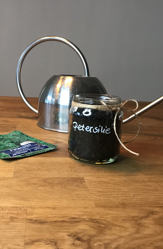 Gläserner Behälter mit Erde für Petersilie, daneben eine grüne Saatgutpackung und eine silberne Gießkanne auf Holzuntergrund.