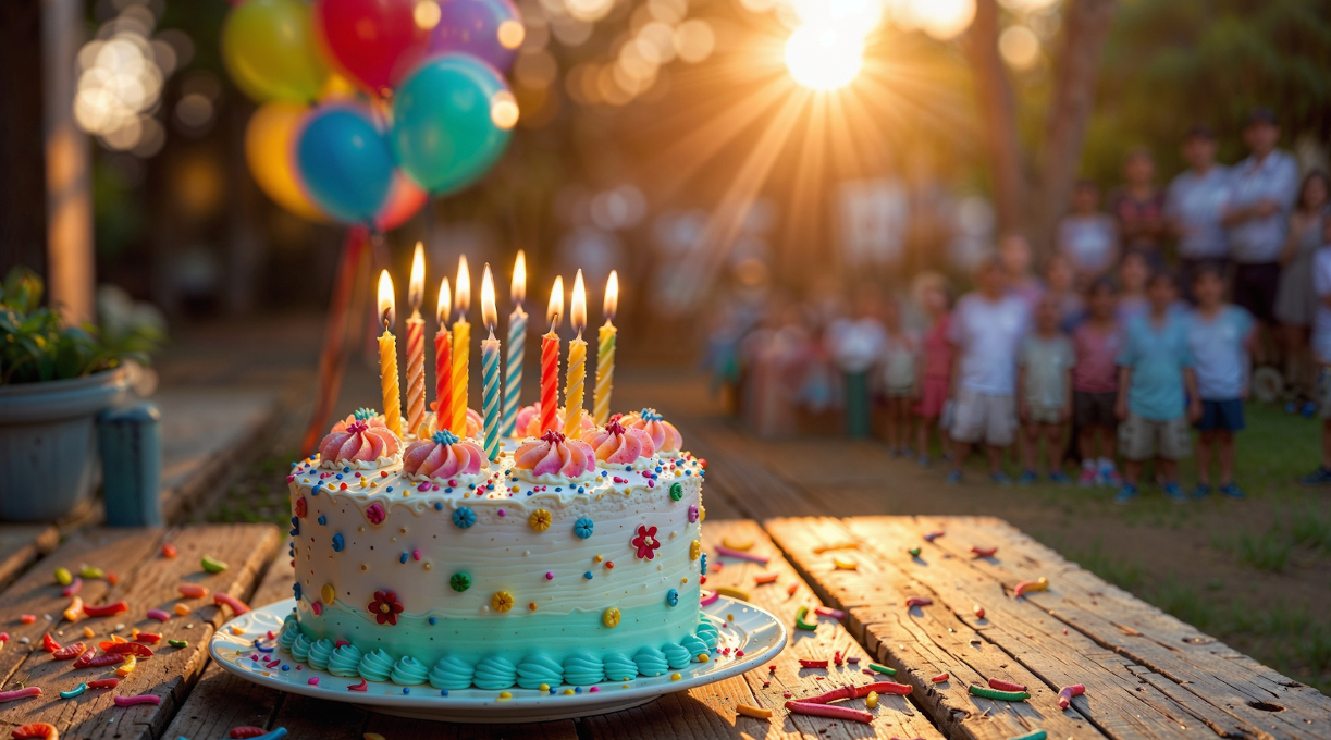 Bunte Geburtstagstorte mit Kerzen und Zuckerstreuseln, umgeben von Luftballons und fröhlichen Feiernden im Hintergrund.