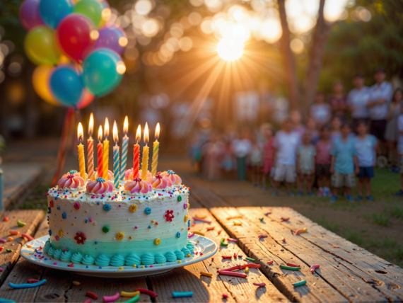 Bunte Geburtstagstorte mit Kerzen und Zuckerstreuseln, umgeben von Luftballons und fröhlichen Feiernden im Hintergrund.