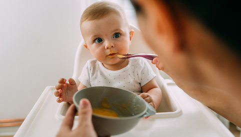 Babysitting beim Essen: Kleinkind in Hochstuhl schaut neugierig auf Löffel mit Brei aus grauer Schüssel.
