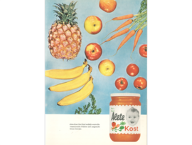 Bunte Darstellung von frischem Obst und Gemüse, einschließlich Ananas, Bananen, Karotten und Tomaten, sowie einem Babyglas Gemüsebrei von Alete.