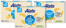 Alt-Tag: Alete Milch-Getreide-Mahlzeiten für Babys ab 10 Monaten, inklusive Optionen wie Mehrkorn und Kakao.