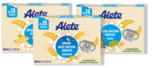 Alt-Tag: Alete Milch-Getreide-Mahlzeiten für Babys ab 10 Monaten, inklusive Optionen wie Mehrkorn und Kakao.