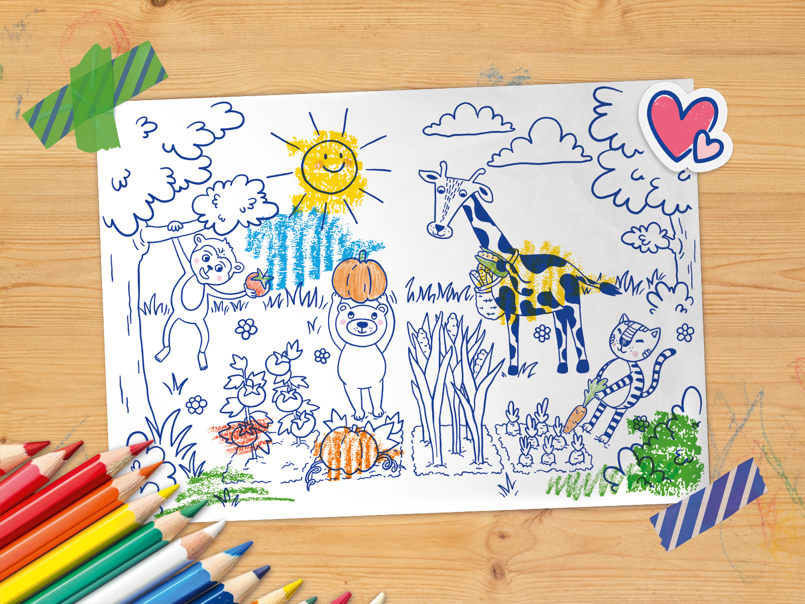 Buntes Ausmalbild mit einem Affen, einem Bären, einer Giraffe und einem Tiger, umgeben von Blumen und einem sonnigen Himmel.